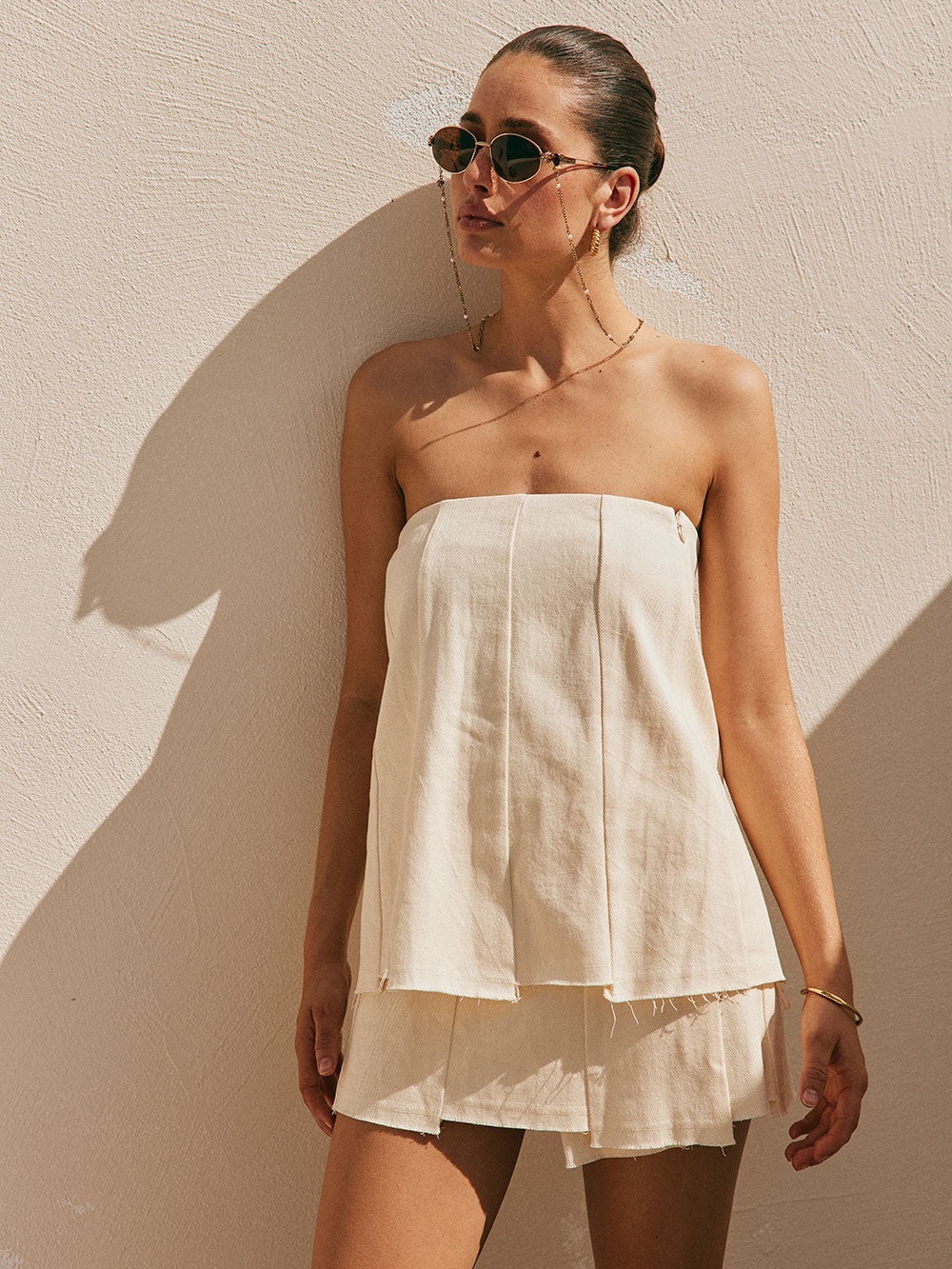 New Sabo Skirt Sorren Top Size Large Cream Structured Strapless Raw Hem Panels